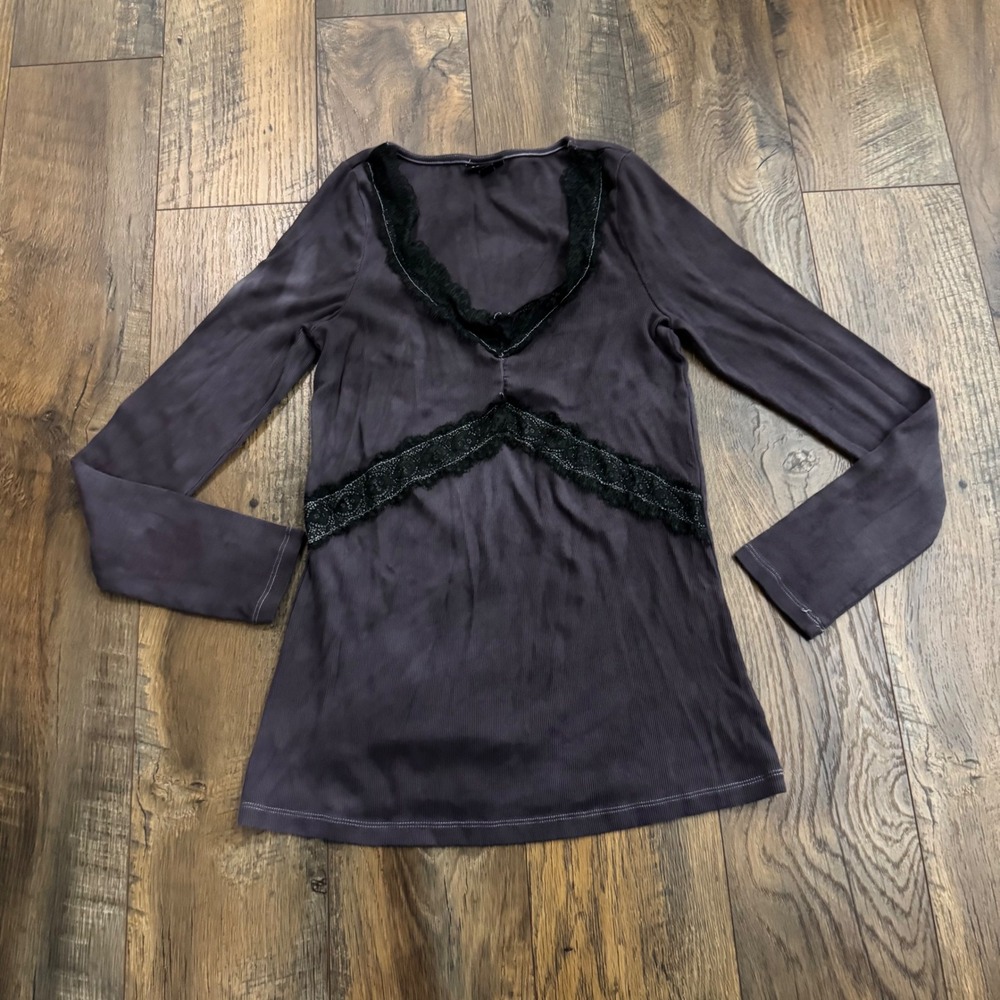 Torrid 00 Purple Ribbed Lace Trim Long Sleeve‎ V Neck Top Y2K Bella Swan Stretch